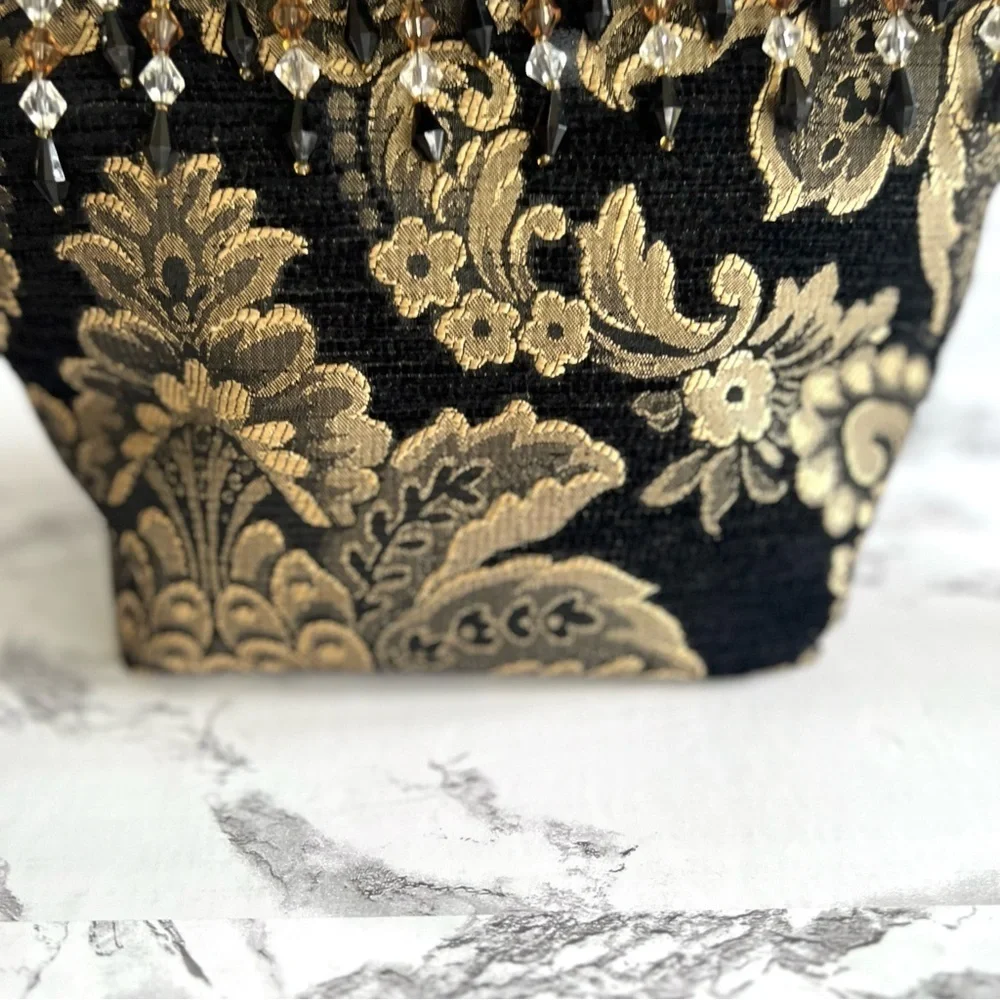 Bag Crossbody Shoulder Artisan Brocade Black Gold Metallic Beaded Tapestry